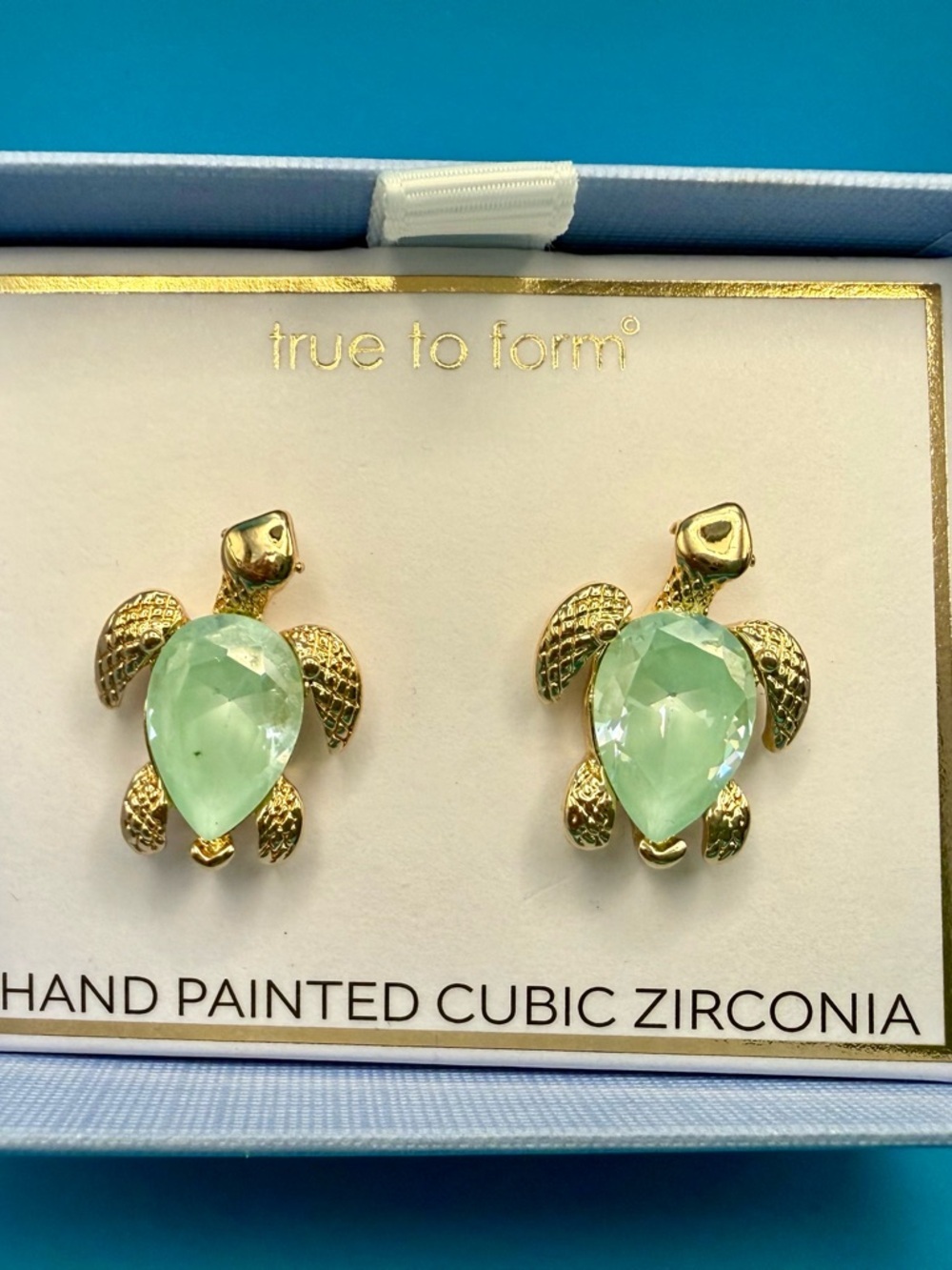True to Form Gold Turtle Stud Earrings with Mint Green Stones - Picture 2 of 2